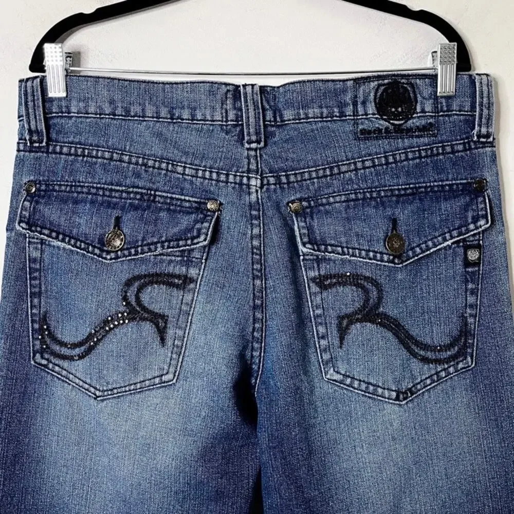 Rock & Republic Mens Taylor Bootcut Jeans 34 Embellished Flap Pockets Distressed